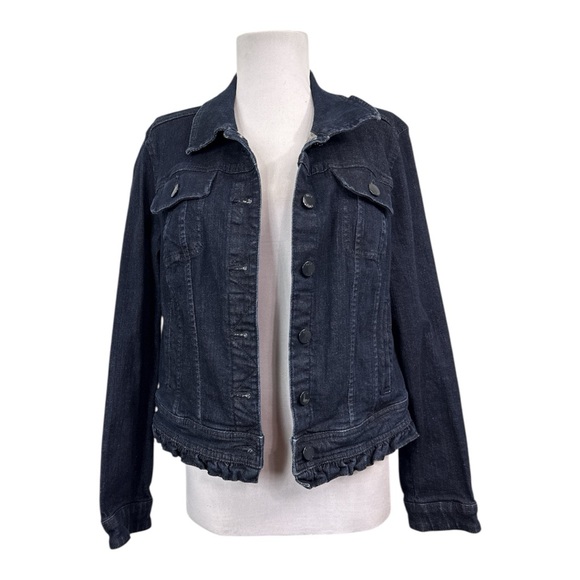 ELLE Women's Large Denim Jean Jacket Dark Blue Wash Cotton Stretch Pockets - Picture 4 of 8